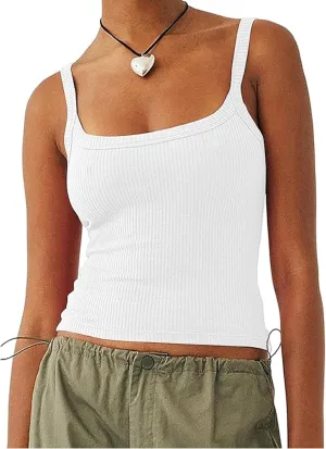 Women Ribbed Knit Sleeveless Crop Top Scoop Neck Slim Fit Cami Top Y2k Summer Basic Tank Top