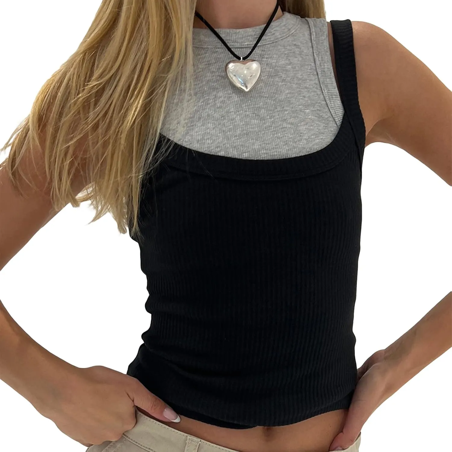 Women Ribbed Knit Sleeveless Crop Top Scoop Neck Slim Fit Cami Top Y2k Summer Basic Tank Top