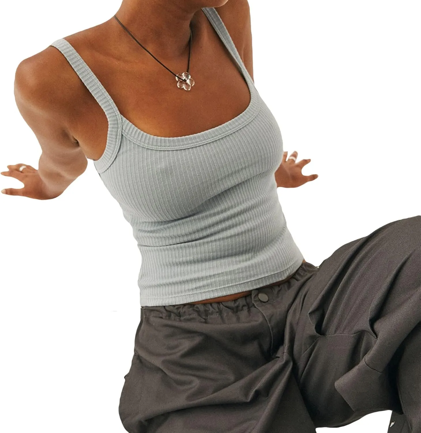 Women Ribbed Knit Sleeveless Crop Top Scoop Neck Slim Fit Cami Top Y2k Summer Basic Tank Top