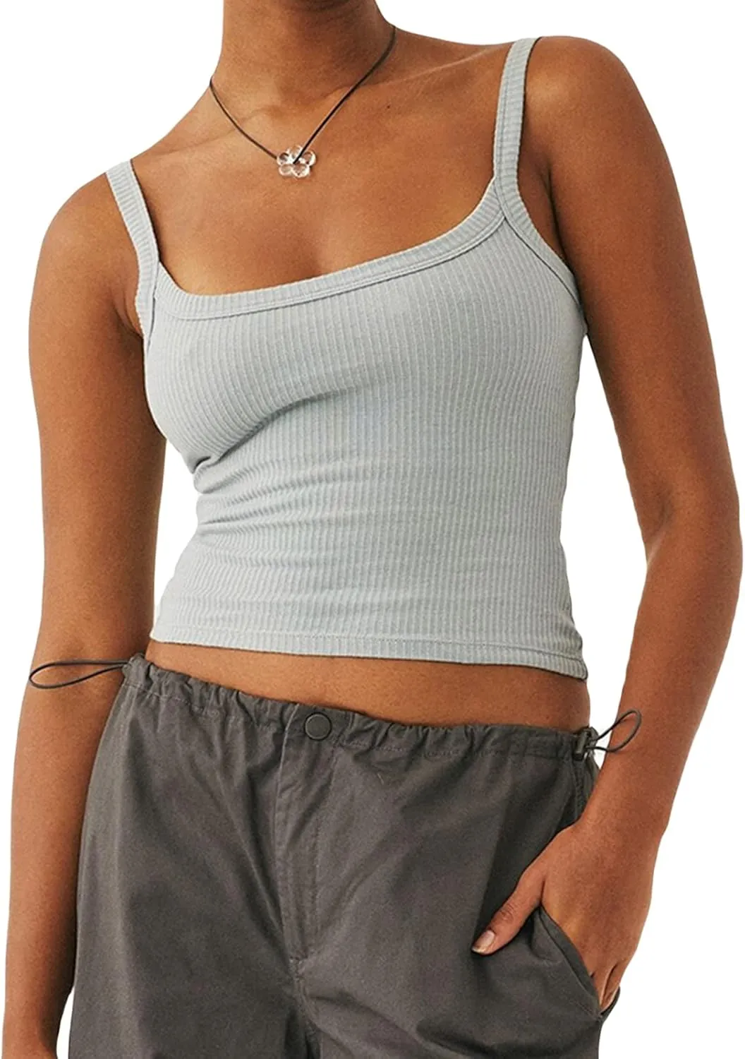 Women Ribbed Knit Sleeveless Crop Top Scoop Neck Slim Fit Cami Top Y2k Summer Basic Tank Top