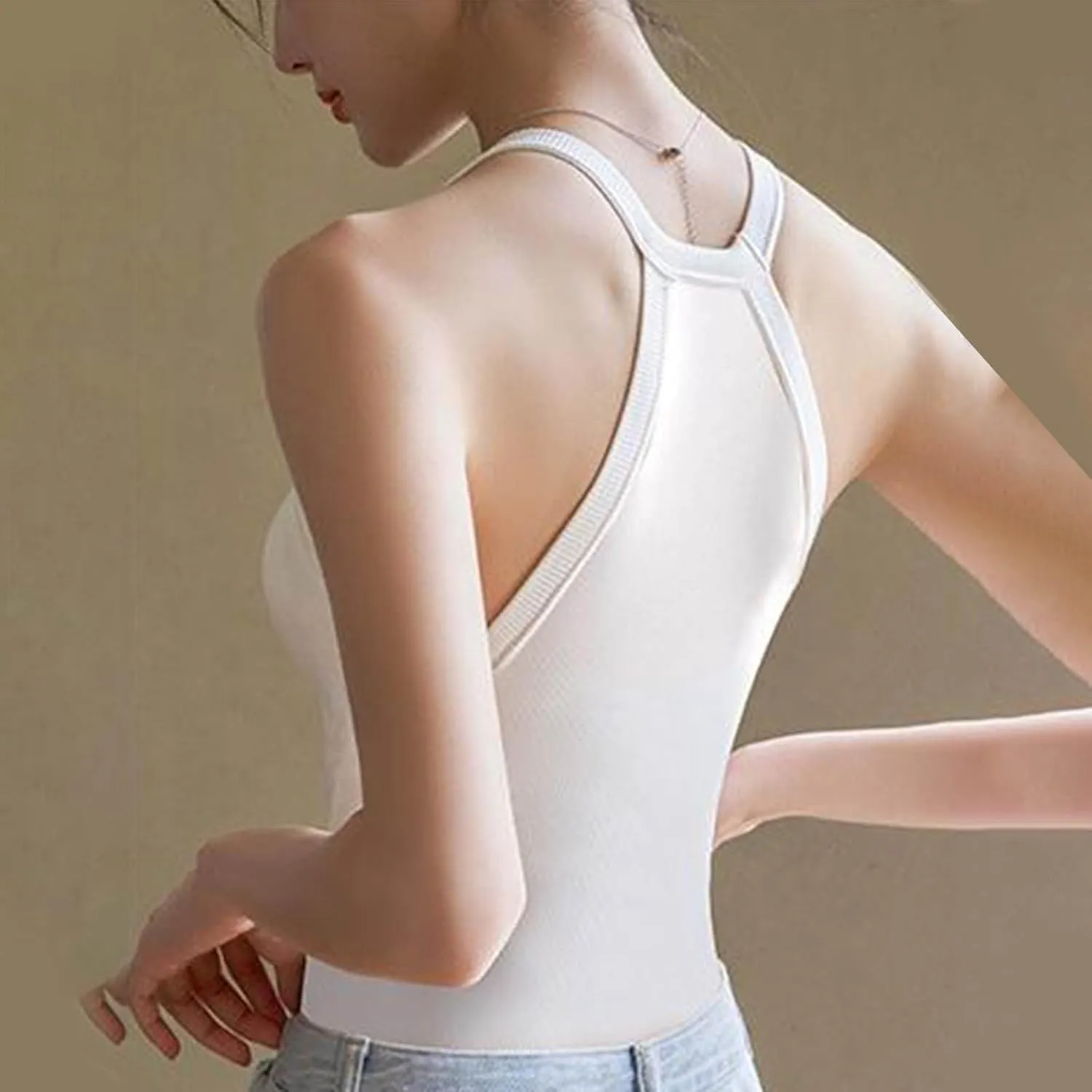 Women Ribbed Yoga Workout Tank Tops Summer Built in Bra Casual Cami Top Sexy Form Fitting Crewneck Crop Undershirt