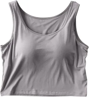 Women Summer Crop Tank Tops Built-in Bra Sleeveless Crew Neck Basic Waistcoat Slimming Athletic Cami Top