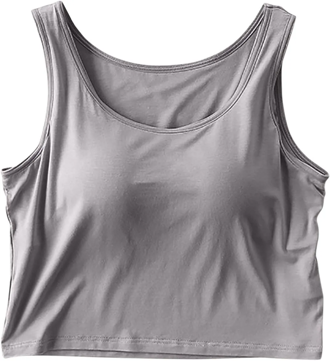 Women Summer Crop Tank Tops Built-in Bra Sleeveless Crew Neck Basic Waistcoat Slimming Athletic Cami Top