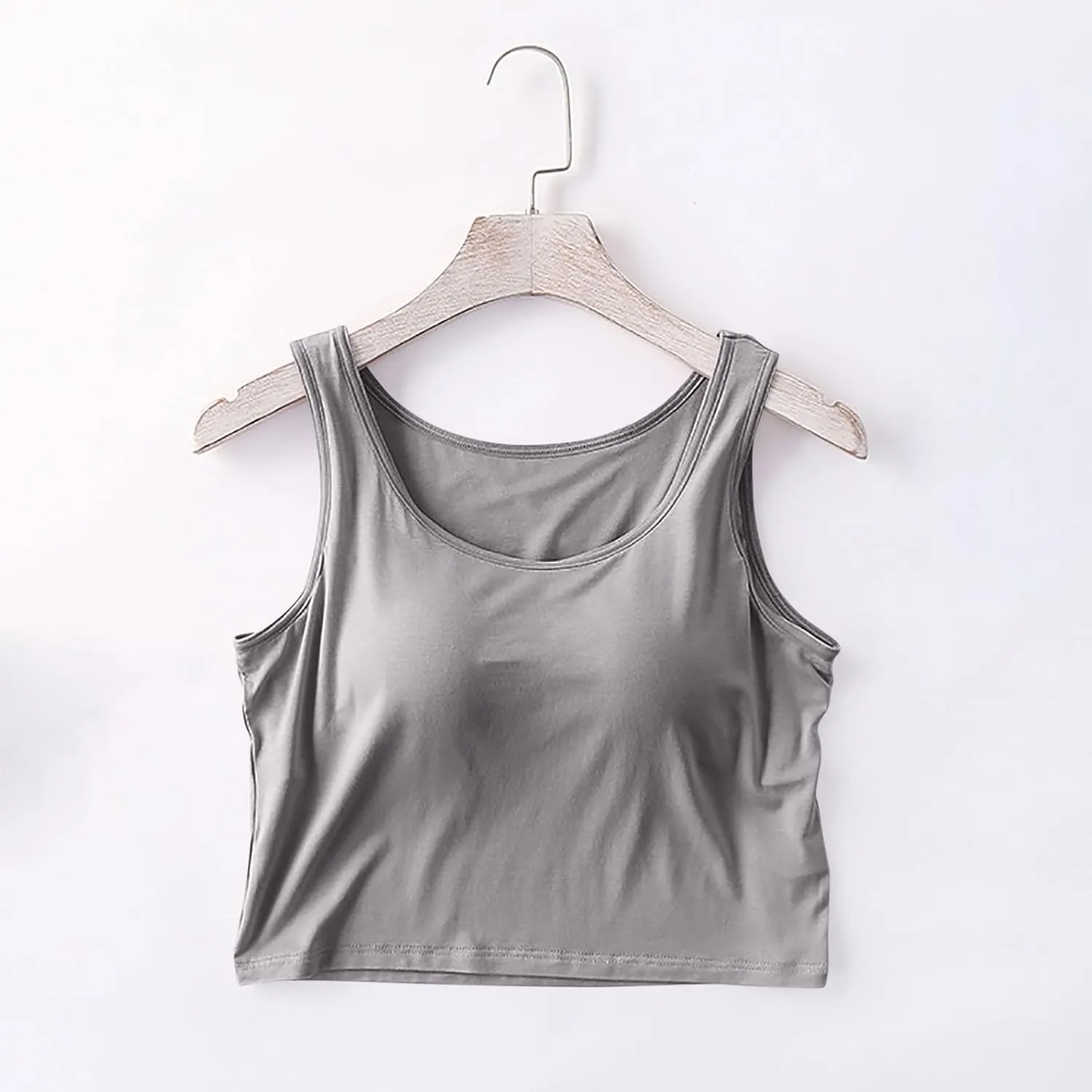 Women Summer Crop Tank Tops Built-in Bra Sleeveless Crew Neck Basic Waistcoat Slimming Athletic Cami Top