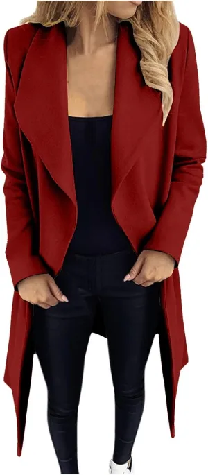 Women Trench Coat 2023 Solid Color Open Front Lapel Outerwear Coat Slim Fit Casual Jacket Fashion Winter Cardigan Tops