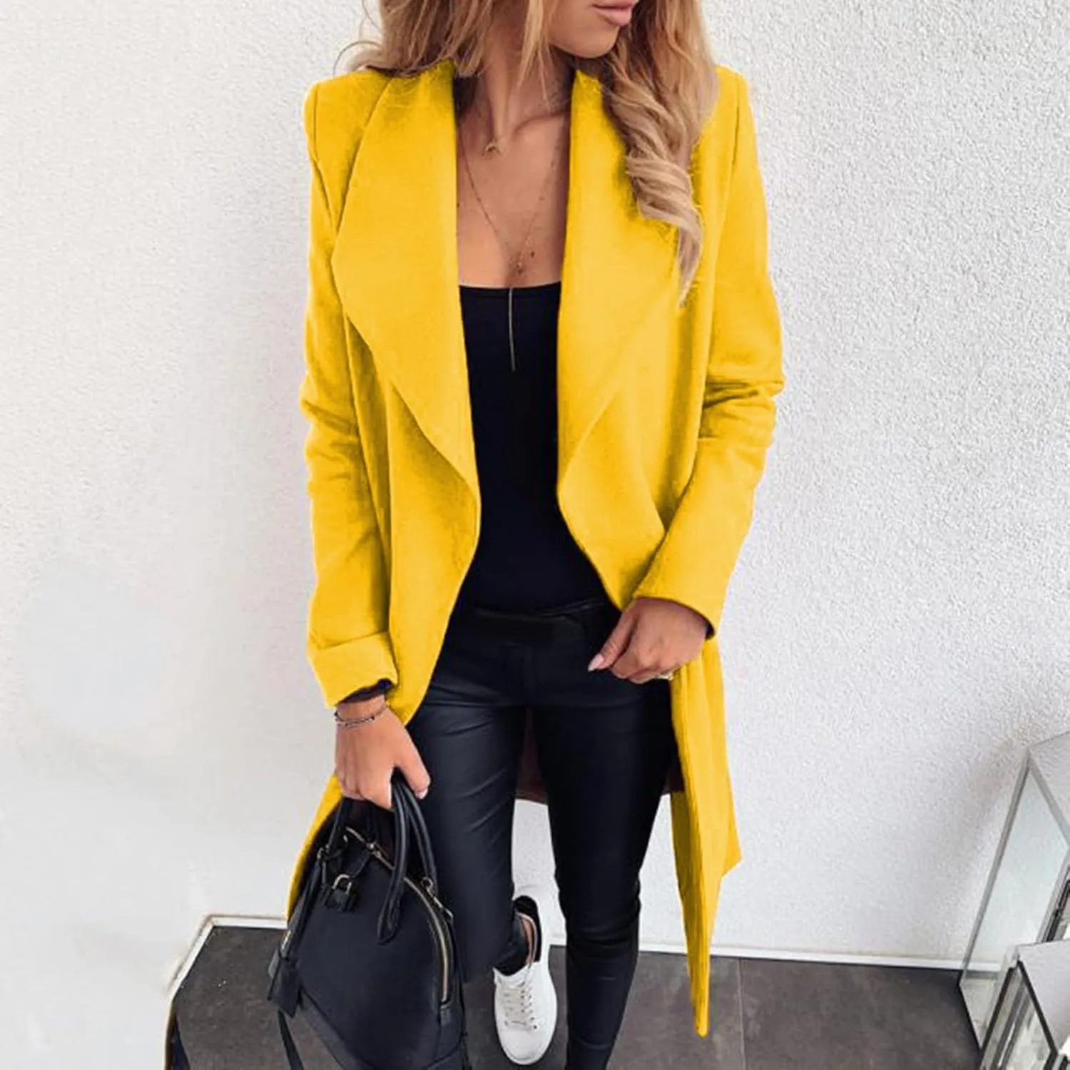 Women Trench Coat 2023 Solid Color Open Front Lapel Outerwear Coat Slim Fit Casual Jacket Fashion Winter Cardigan Tops