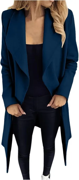 Women Trench Coat 2023 Solid Color Open Front Lapel Outerwear Coat Slim Fit Casual Jacket Fashion Winter Cardigan Tops