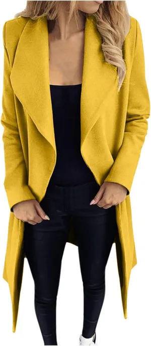 Women Trench Coat 2023 Solid Color Open Front Lapel Outerwear Coat Slim Fit Casual Jacket Fashion Winter Cardigan Tops