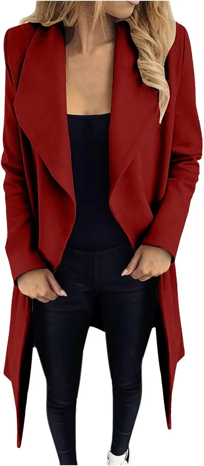 Women Trench Coat 2023 Solid Color Open Front Lapel Outerwear Coat Slim Fit Casual Jacket Fashion Winter Cardigan Tops