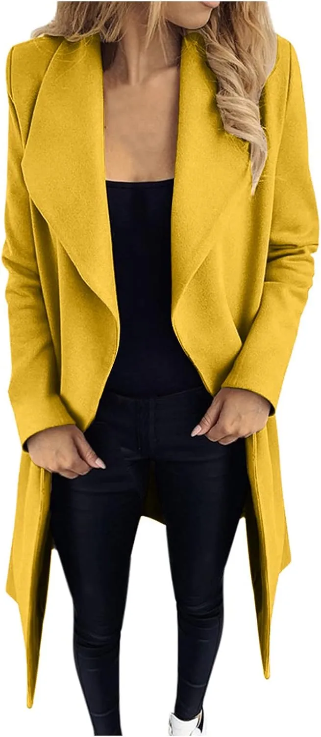 Women Trench Coat 2023 Solid Color Open Front Lapel Outerwear Coat Slim Fit Casual Jacket Fashion Winter Cardigan Tops