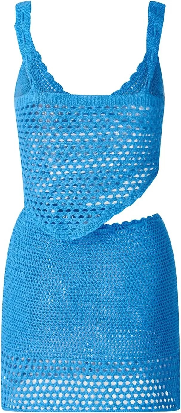 Women Y2k Crochet Knitted Two Piece Outfits Hollow Out Cami Top and High Waist Mini Skirt Beach Wear