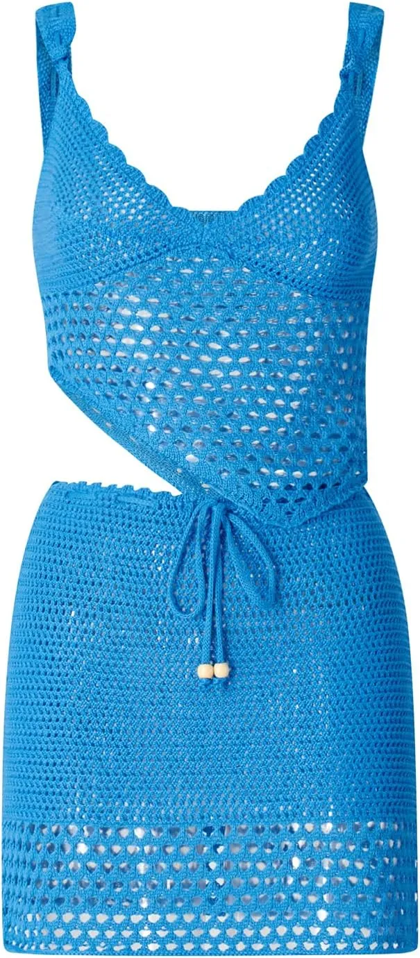 Women Y2k Crochet Knitted Two Piece Outfits Hollow Out Cami Top and High Waist Mini Skirt Beach Wear