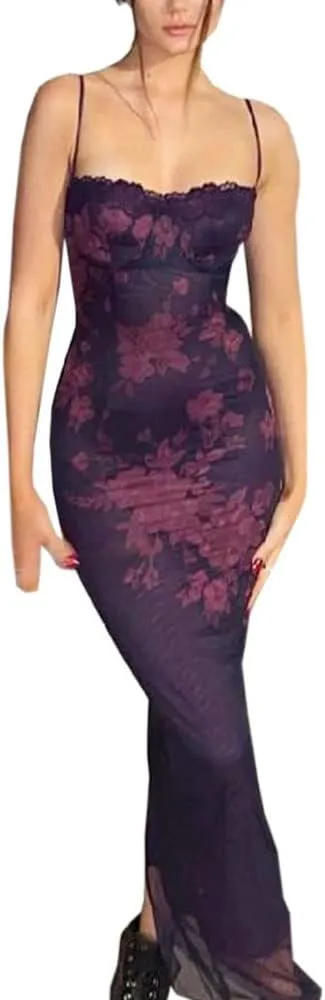 Women Y2K Floral Lace Maxi Dress Sexy Satin Spaghetti Strap Square Neck Long Dress Low Cut Backless Midi Dress Clubwear