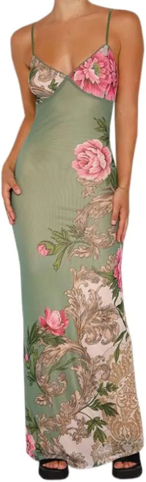 Women Y2K Floral Lace Maxi Dress Sexy Satin Spaghetti Strap Square Neck Long Dress Low Cut Backless Midi Dress Clubwear