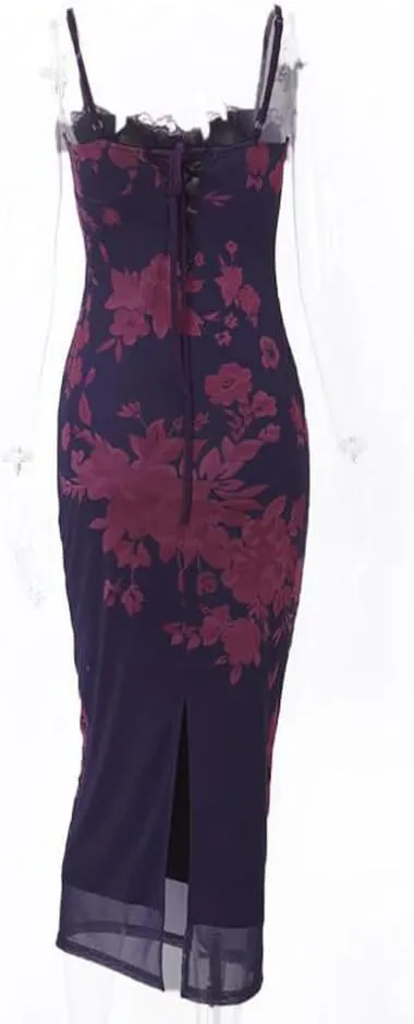 Women Y2K Floral Lace Maxi Dress Sexy Satin Spaghetti Strap Square Neck Long Dress Low Cut Backless Midi Dress Clubwear