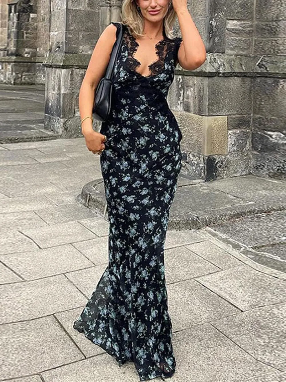 Women Y2K Floral Lace Maxi Dress Sexy Satin Spaghetti Strap Square Neck Long Dress Low Cut Backless Midi Dress Clubwear