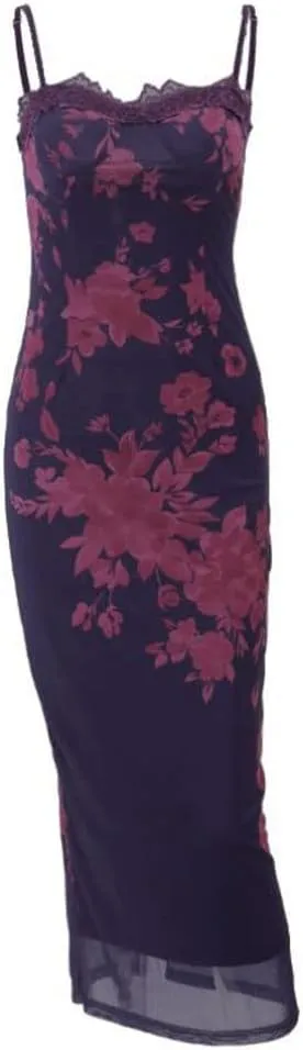 Women Y2K Floral Lace Maxi Dress Sexy Satin Spaghetti Strap Square Neck Long Dress Low Cut Backless Midi Dress Clubwear