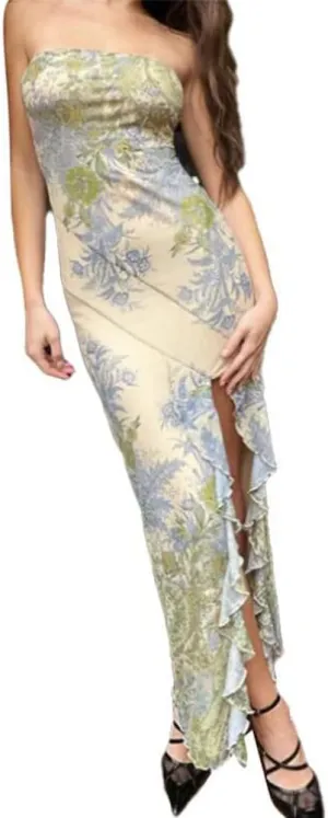 Women Y2K Floral Lace Maxi Dress Sexy Satin Spaghetti Strap Square Neck Long Dress Low Cut Backless Midi Dress Clubwear