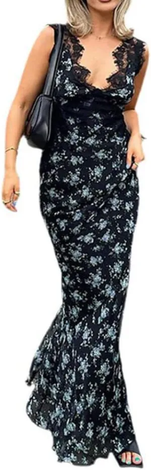 Women Y2K Floral Lace Maxi Dress Sexy Satin Spaghetti Strap Square Neck Long Dress Low Cut Backless Midi Dress Clubwear