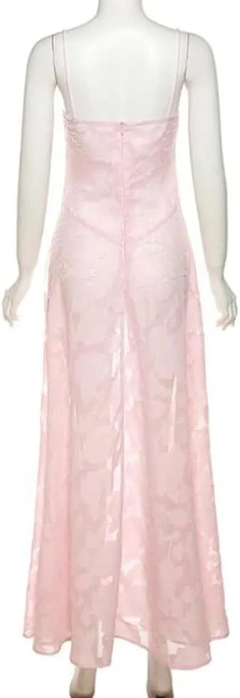 Women Y2K Floral Lace Maxi Dress Sexy Satin Spaghetti Strap Square Neck Long Dress Low Cut Backless Midi Dress Clubwear