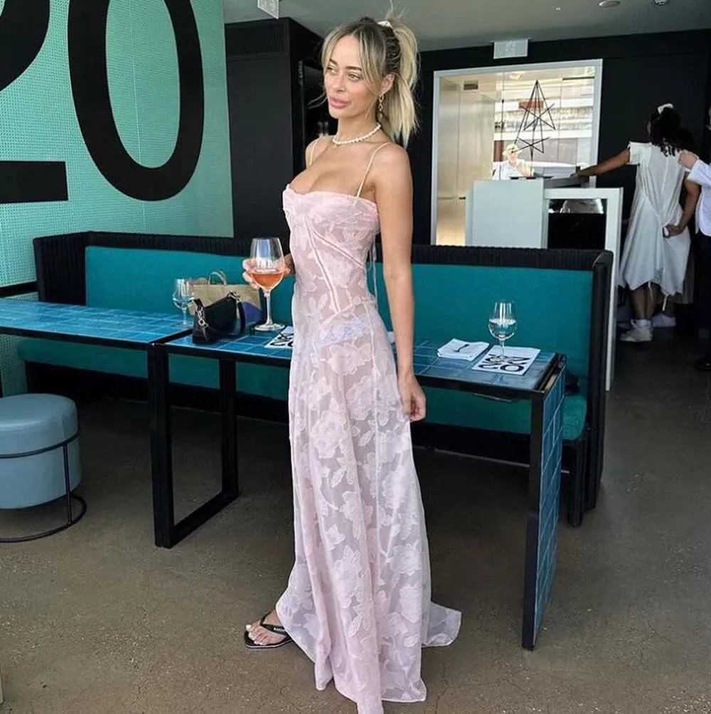Women Y2K Floral Lace Maxi Dress Sexy Satin Spaghetti Strap Square Neck Long Dress Low Cut Backless Midi Dress Clubwear