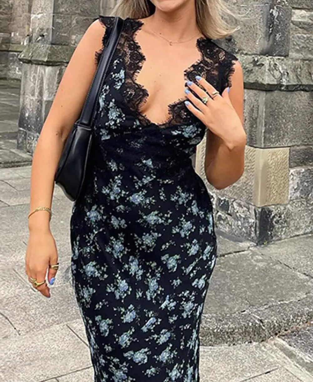 Women Y2K Floral Lace Maxi Dress Sexy Satin Spaghetti Strap Square Neck Long Dress Low Cut Backless Midi Dress Clubwear