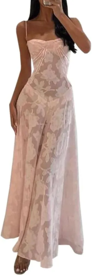 Women Y2K Floral Lace Maxi Dress Sexy Satin Spaghetti Strap Square Neck Long Dress Low Cut Backless Midi Dress Clubwear