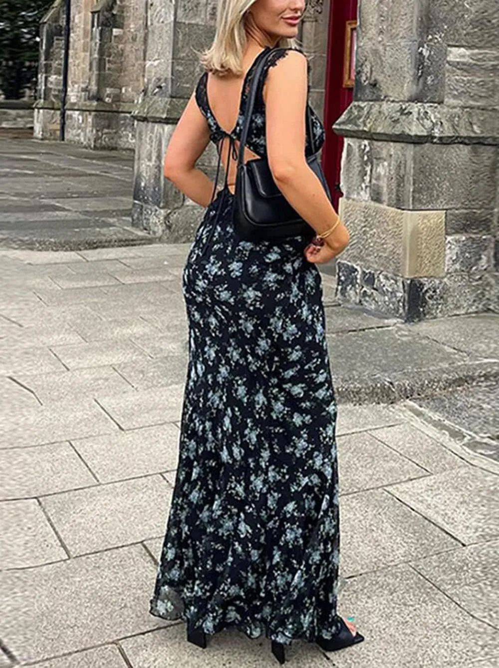 Women Y2K Floral Lace Maxi Dress Sexy Satin Spaghetti Strap Square Neck Long Dress Low Cut Backless Midi Dress Clubwear