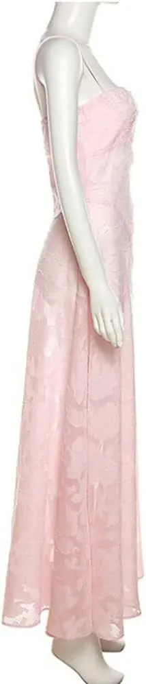 Women Y2K Floral Lace Maxi Dress Sexy Satin Spaghetti Strap Square Neck Long Dress Low Cut Backless Midi Dress Clubwear
