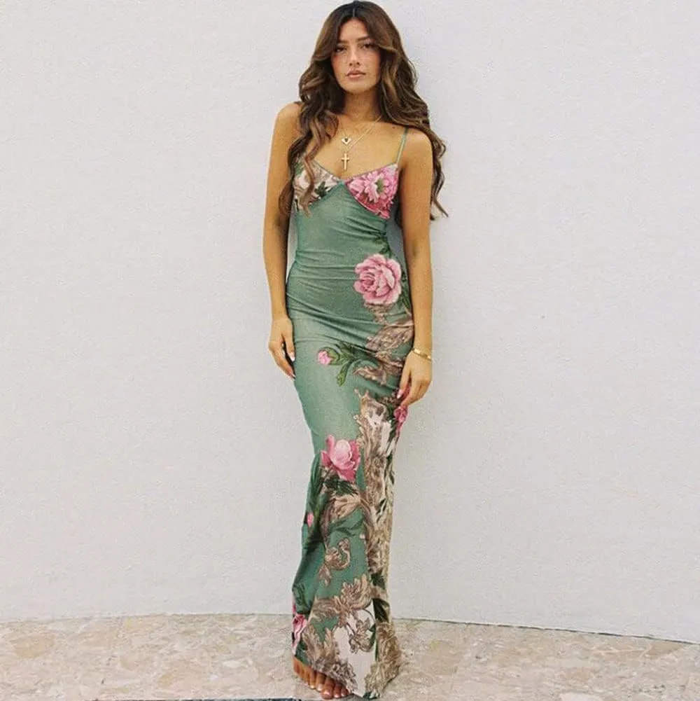 Women Y2K Floral Lace Maxi Dress Sexy Satin Spaghetti Strap Square Neck Long Dress Low Cut Backless Midi Dress Clubwear