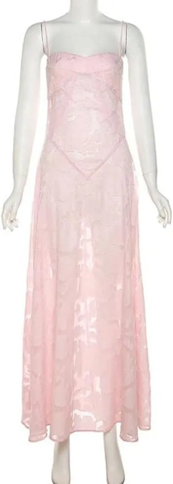 Women Y2K Floral Lace Maxi Dress Sexy Satin Spaghetti Strap Square Neck Long Dress Low Cut Backless Midi Dress Clubwear
