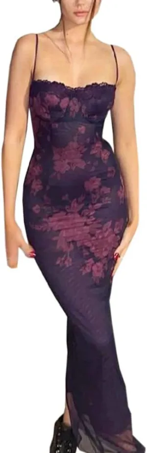 Women Y2K Floral Lace Maxi Dress Sexy Satin Spaghetti Strap Square Neck Long Dress Low Cut Backless Midi Dress Clubwear