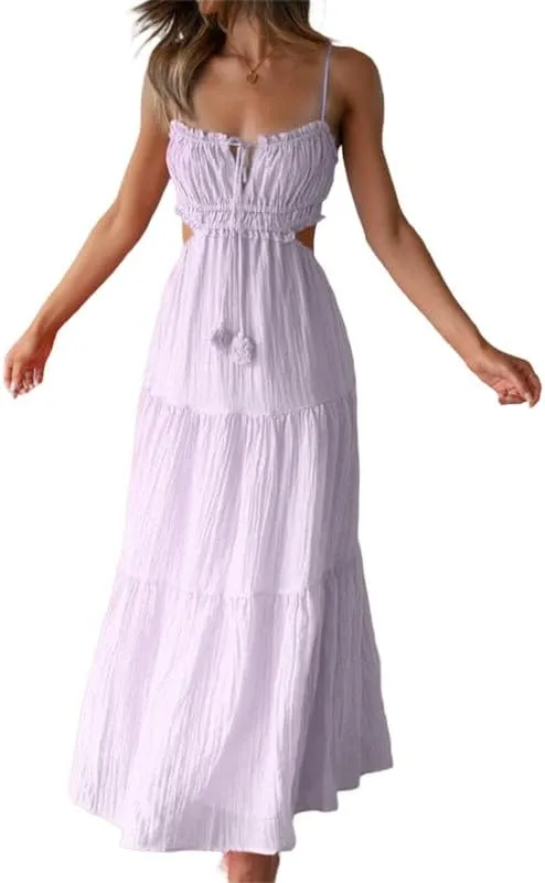 Women Y2K Spaghetti Strap Maxi Dress Ruffle Flowy Long Cami Dress Cut Out Ruched Tiered Slip Dress Beach Wear