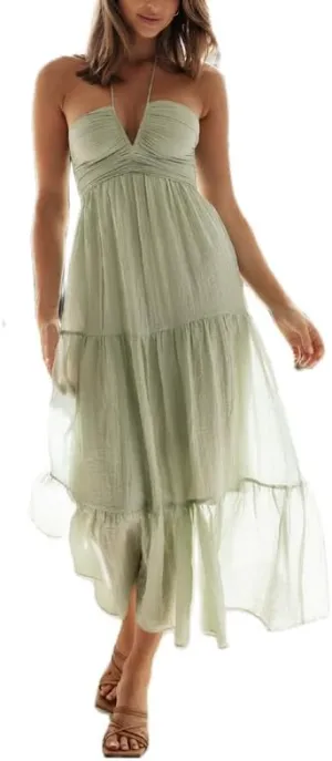Women Y2K Spaghetti Strap Maxi Dress Ruffle Flowy Long Cami Dress Cut Out Ruched Tiered Slip Dress Beach Wear