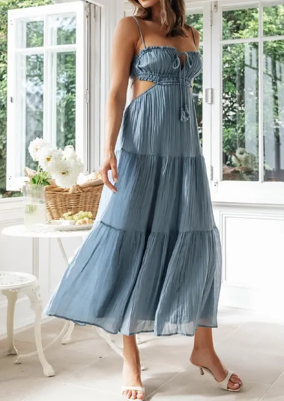 Women Y2K Spaghetti Strap Maxi Dress Ruffle Flowy Long Cami Dress Cut Out Ruched Tiered Slip Dress Beach Wear