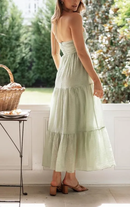 Women Y2K Spaghetti Strap Maxi Dress Ruffle Flowy Long Cami Dress Cut Out Ruched Tiered Slip Dress Beach Wear