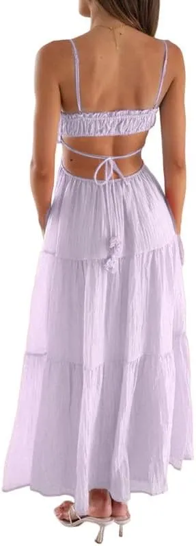 Women Y2K Spaghetti Strap Maxi Dress Ruffle Flowy Long Cami Dress Cut Out Ruched Tiered Slip Dress Beach Wear