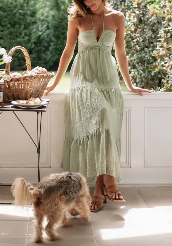 Women Y2K Spaghetti Strap Maxi Dress Ruffle Flowy Long Cami Dress Cut Out Ruched Tiered Slip Dress Beach Wear