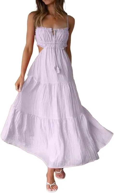 Women Y2K Spaghetti Strap Maxi Dress Ruffle Flowy Long Cami Dress Cut Out Ruched Tiered Slip Dress Beach Wear
