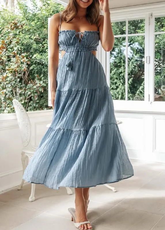 Women Y2K Spaghetti Strap Maxi Dress Ruffle Flowy Long Cami Dress Cut Out Ruched Tiered Slip Dress Beach Wear