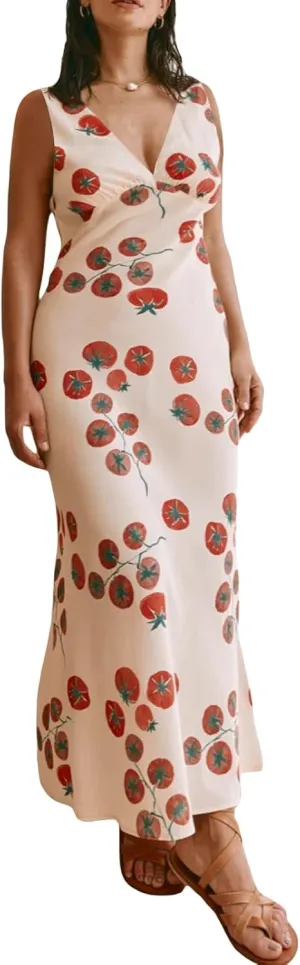 Women Y2k Vintage Printed Maxi Dress Spaghetti Strap Floral Midi Slip Dress Backless Long Flowy Sundress