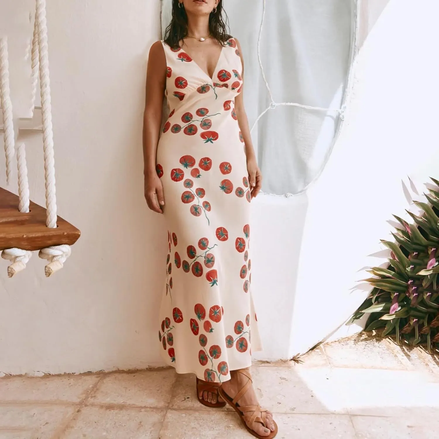 Women Y2k Vintage Printed Maxi Dress Spaghetti Strap Floral Midi Slip Dress Backless Long Flowy Sundress