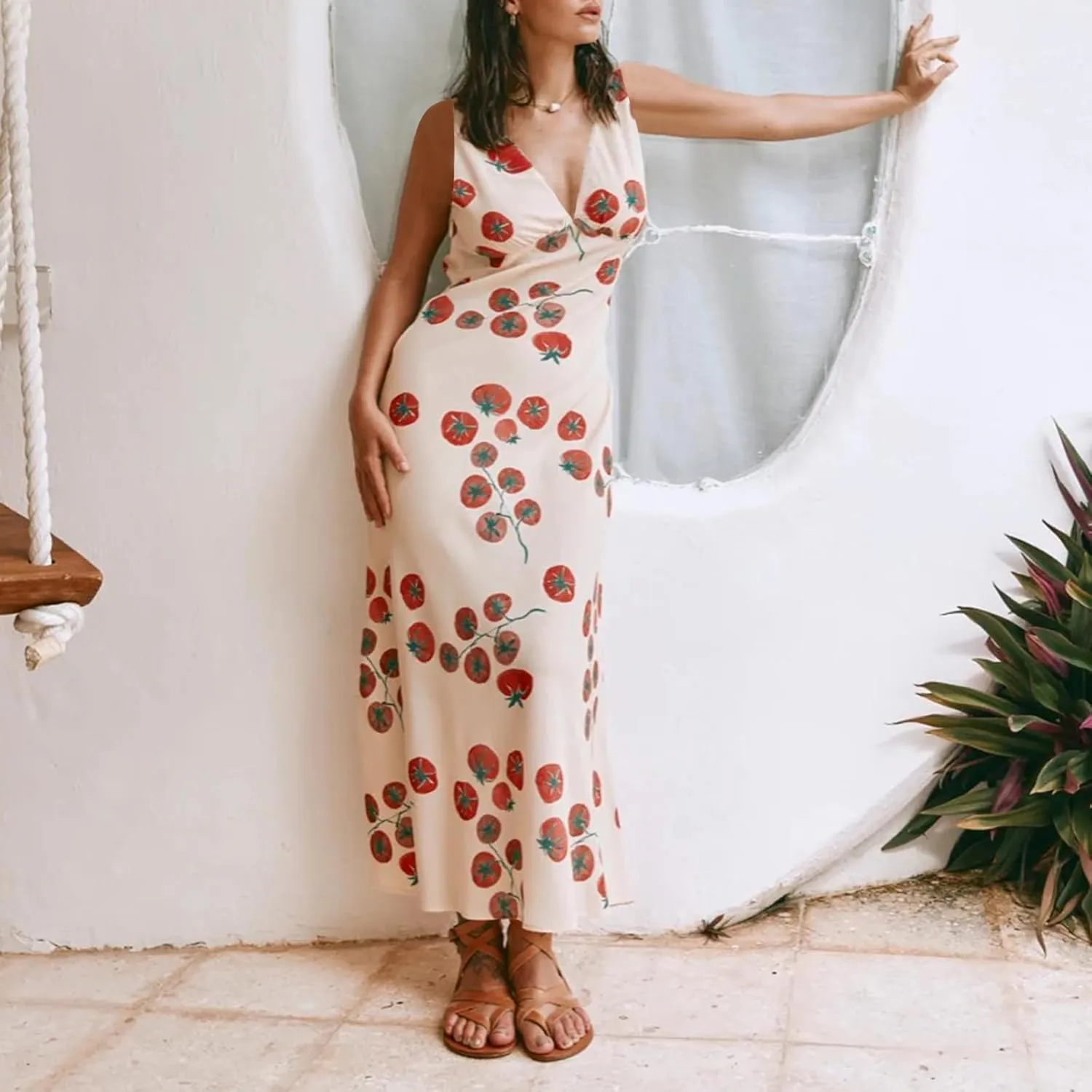 Women Y2k Vintage Printed Maxi Dress Spaghetti Strap Floral Midi Slip Dress Backless Long Flowy Sundress