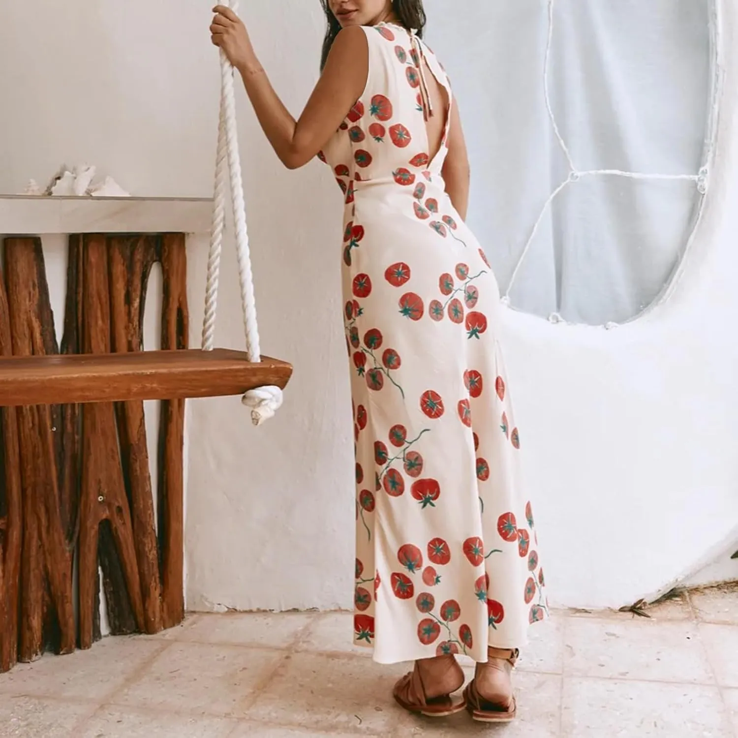 Women Y2k Vintage Printed Maxi Dress Spaghetti Strap Floral Midi Slip Dress Backless Long Flowy Sundress