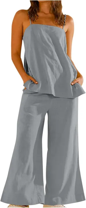 Women's 2 Piece Lounge Sets 2025 Casual Summer Beach Cami Top and Wide Leg Long Pant Matching Set Vacation Outfits