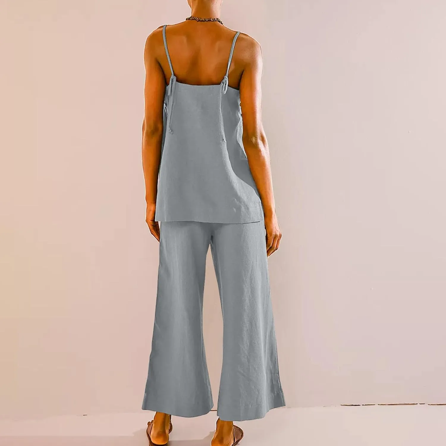 Women's 2 Piece Lounge Sets 2025 Casual Summer Beach Cami Top and Wide Leg Long Pant Matching Set Vacation Outfits