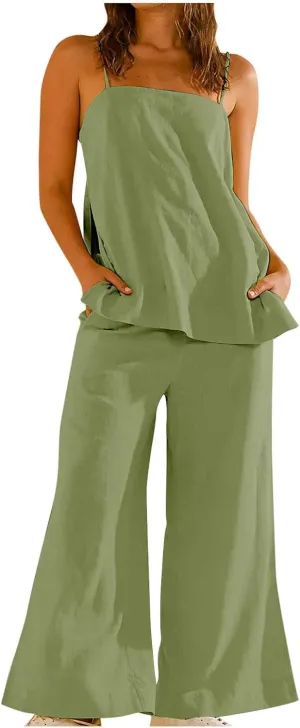 Women's 2 Piece Lounge Sets 2025 Casual Summer Beach Cami Top and Wide Leg Long Pant Matching Set Vacation Outfits