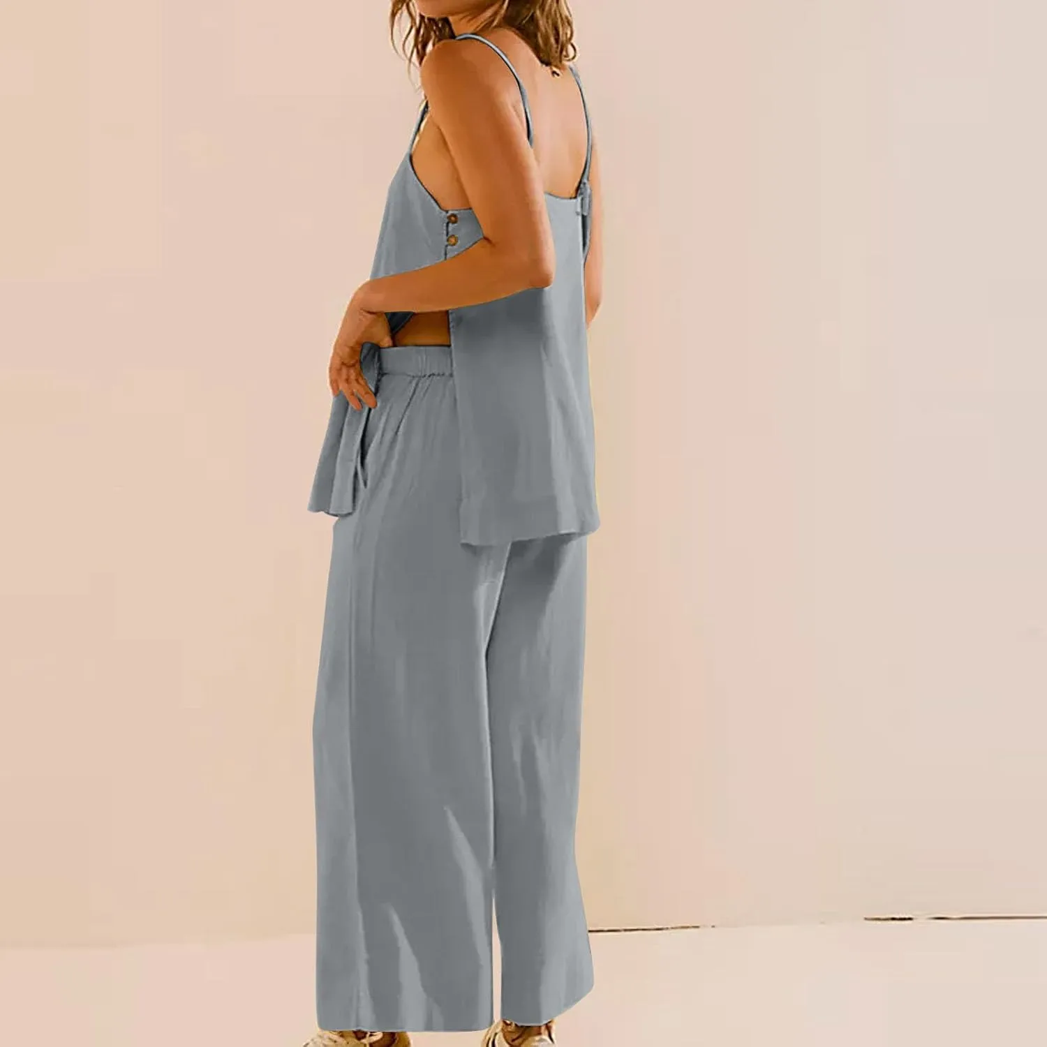 Women's 2 Piece Lounge Sets 2025 Casual Summer Beach Cami Top and Wide Leg Long Pant Matching Set Vacation Outfits