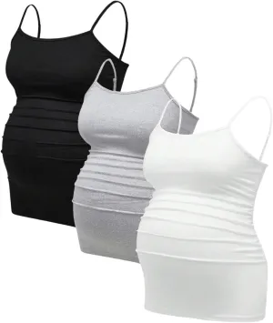 Women's 3 Pack Maternity Cami Top Casual Ruched Spaghetti Strap Pregnancy Camisole