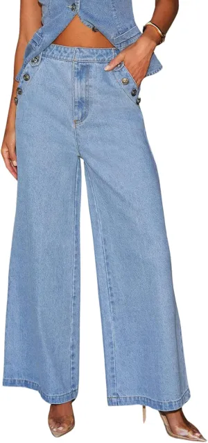 Women's Casual High Waisted Jeans Stretch Wide Leg Baggy Loose Denim Pants